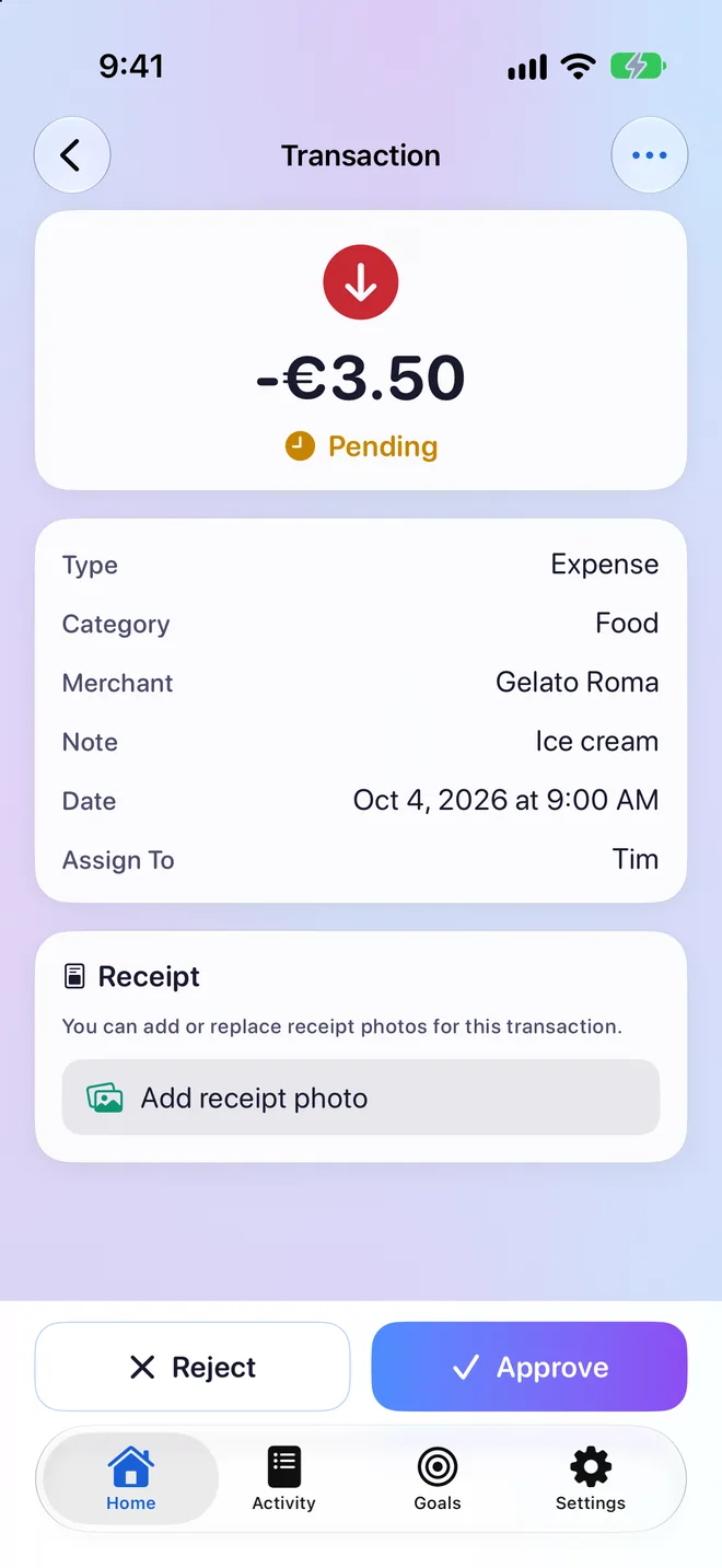 A pending €3.50 ice cream request from Tim, with Reject and Approve buttons