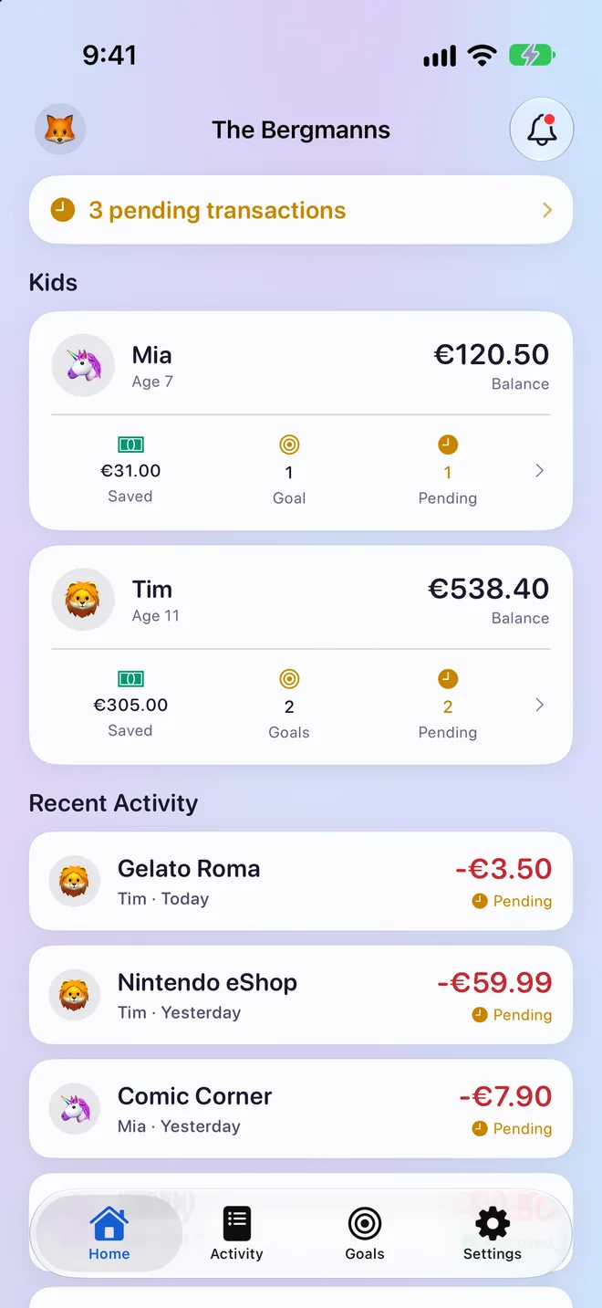 The parent dashboard: Mia and Tim with balances, savings, goals and three pending requests
