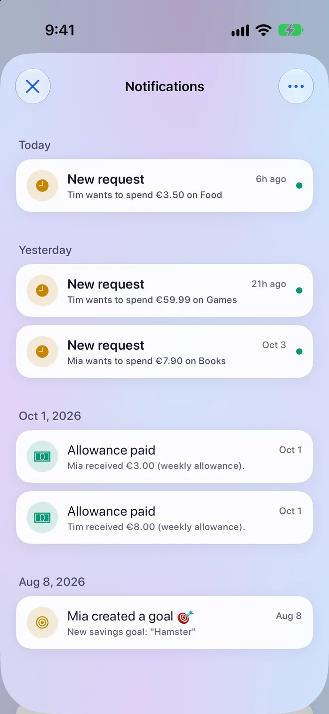 A parent's notifications: new requests from the kids and allowance paid